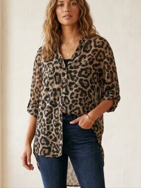 Leopard-Print Button-Down Sheer Blouse - Brown/Black Size M